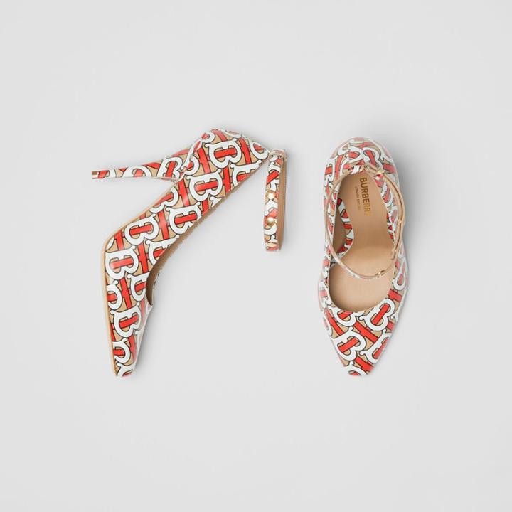 Burberry Burberry Triple Stud Monogram Print Leather Point-toe Pumps, Size: 38.5, Brown