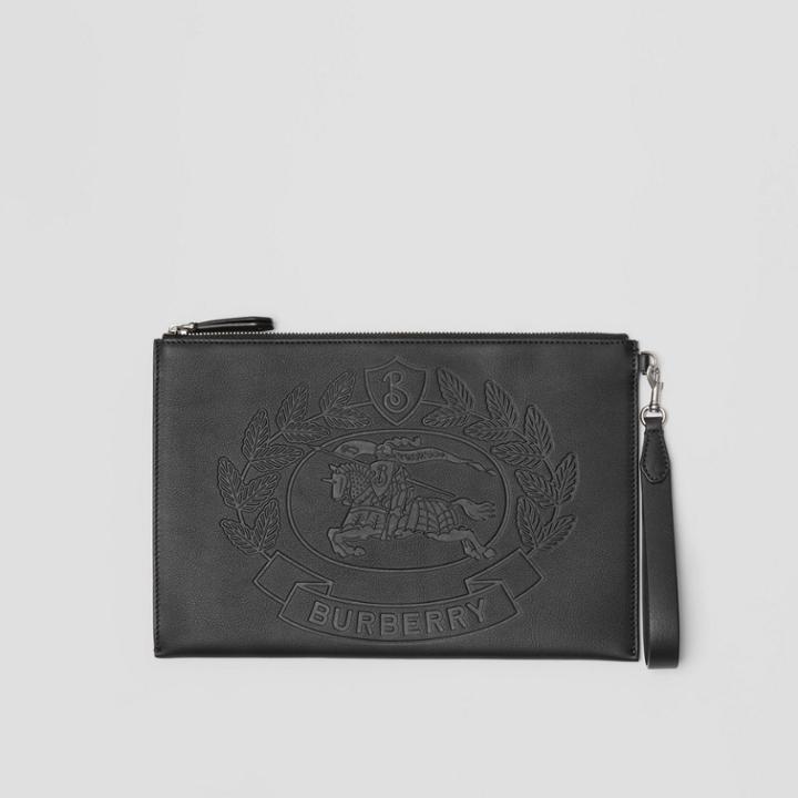 Burberry Burberry Embossed Crest Leather Zip Pouch, Black