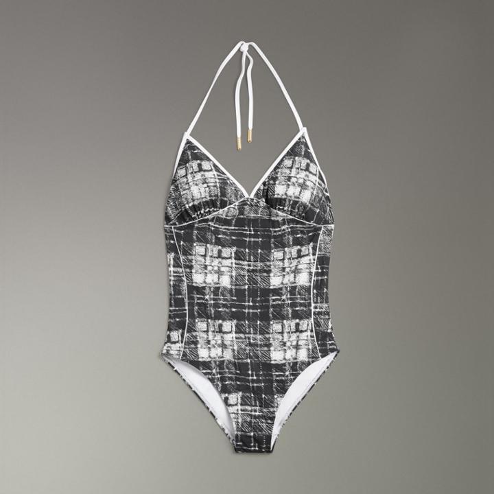 Burberry Burberry Scribble Check Halterneck Swimsuit, Beige