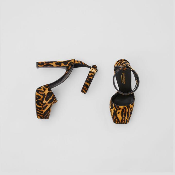 Burberry Burberry Leopard Print Calf Hair Peep-toe Sandals, Size: 38, Brown