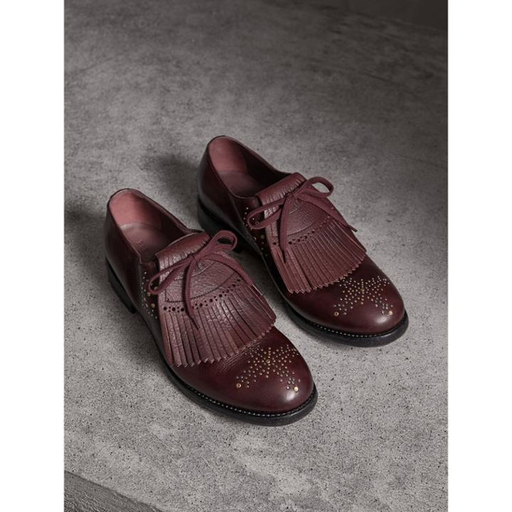 Burberry Burberry Lace-up Kiltie Fringe Riveted Leather Loafers, Size: 41, Purple
