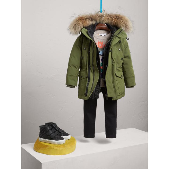 Burberry Burberry Fur-trimmed Down-filled Hooded Puffer Coat, Size: 6y, Green