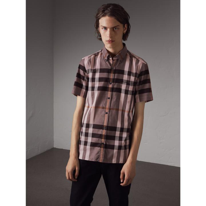 Burberry Burberry Button-down Collar Short-sleeve Check Cotton Shirt, Size: Xs, Purple