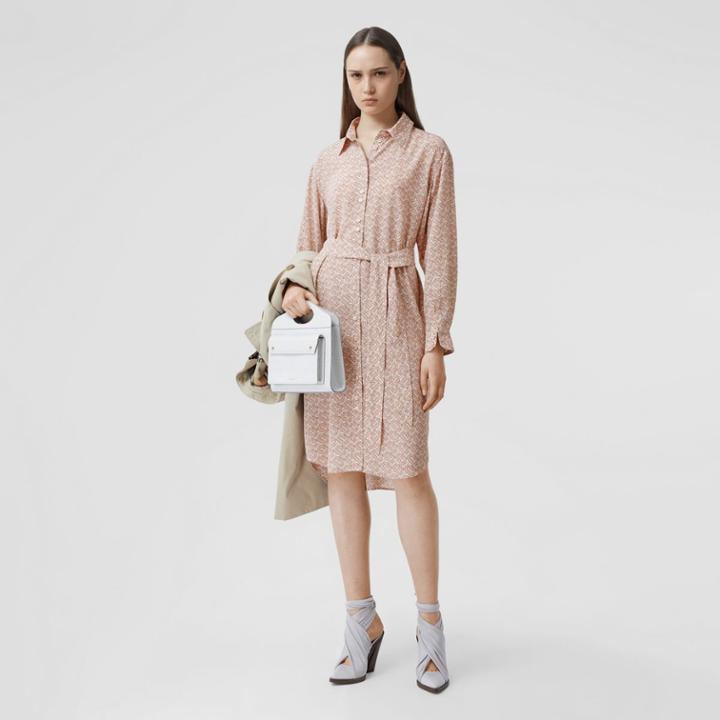 Burberry Burberry Monogram Print Silk Crepe De Chine Shirt Dress, Size: 04, Pink