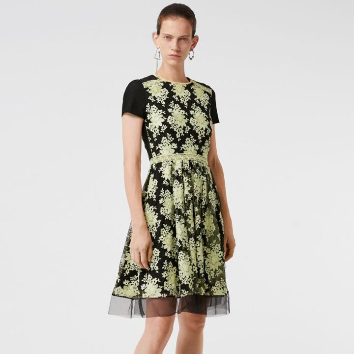 Burberry Burberry Short-sleeve Embroidered Tulle Dress, Size: 12, Yellow