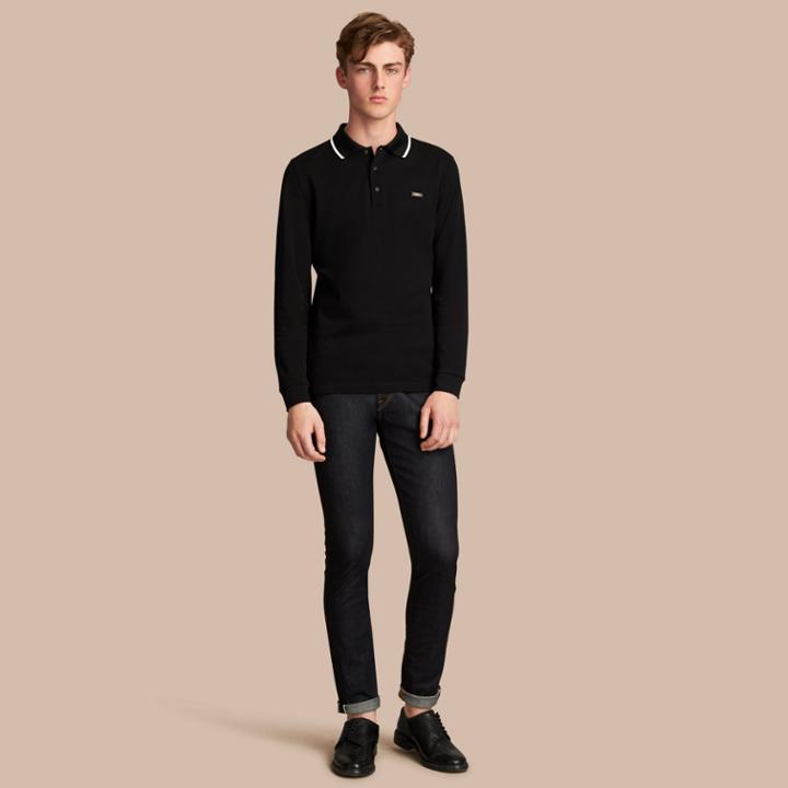 Burberry Burberry Long-sleeved Tipped Cotton Piqu Polo Shirt, Size: Xl, Black