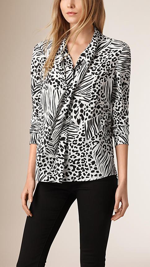 Burberry Animal Print Tie-neck Silk Shirt