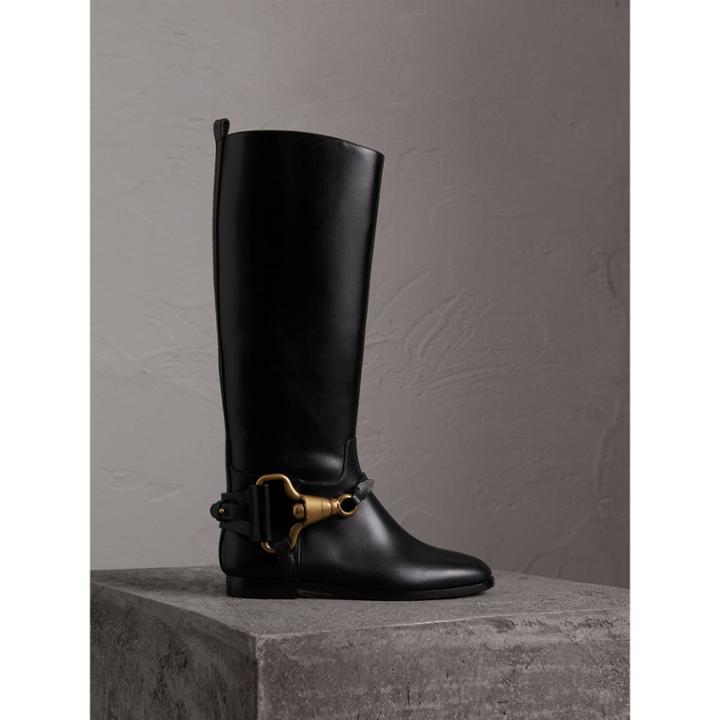 Burberry Burberry Equestrian Detail Leather Riding Boots, Size: 36.5, Black
