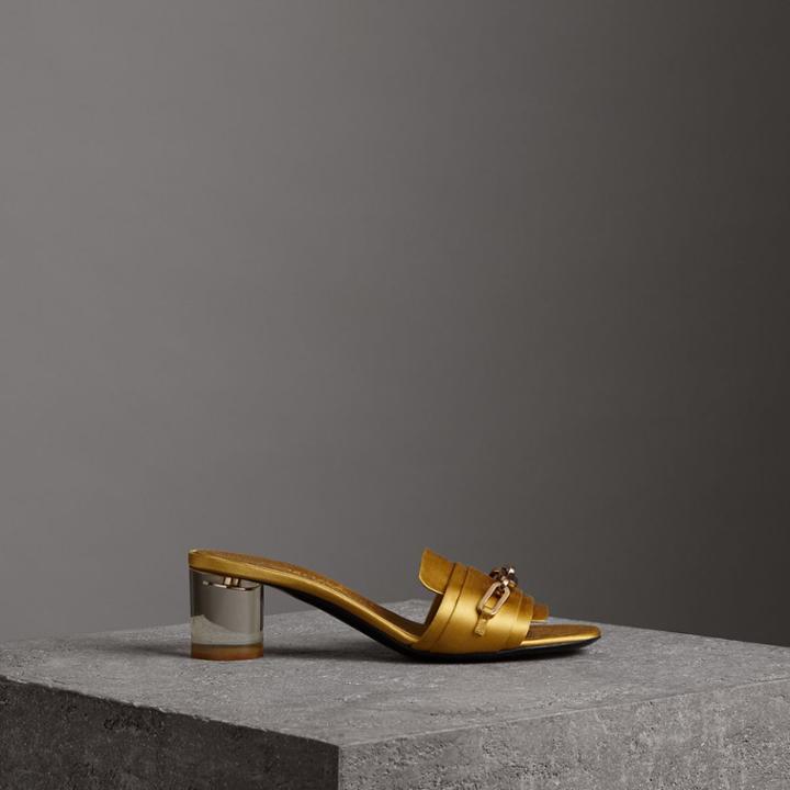 Burberry Burberry Link Detail Satin Heeled Slides, Size: 35, Yellow