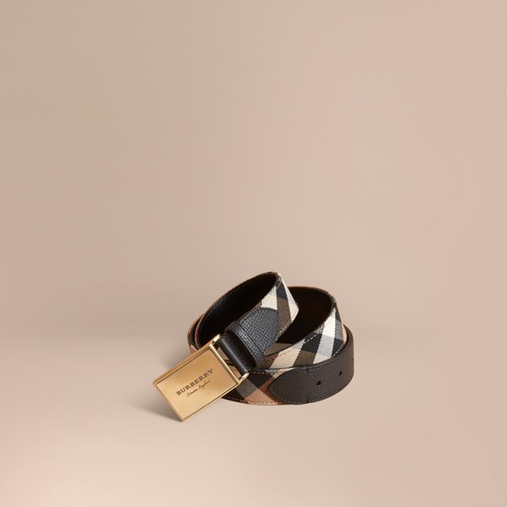 Burberry Burberry Plaque Buckle House Check And Leather Belt, Size: 90, Black