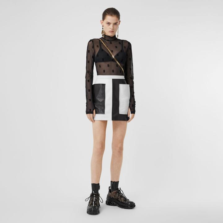 Burberry Burberry Monogram Motif Flock Mesh Turtleneck Top, Black