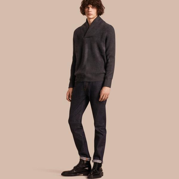 Burberry Shawl Collar Ribbed Wool Silk Sweater