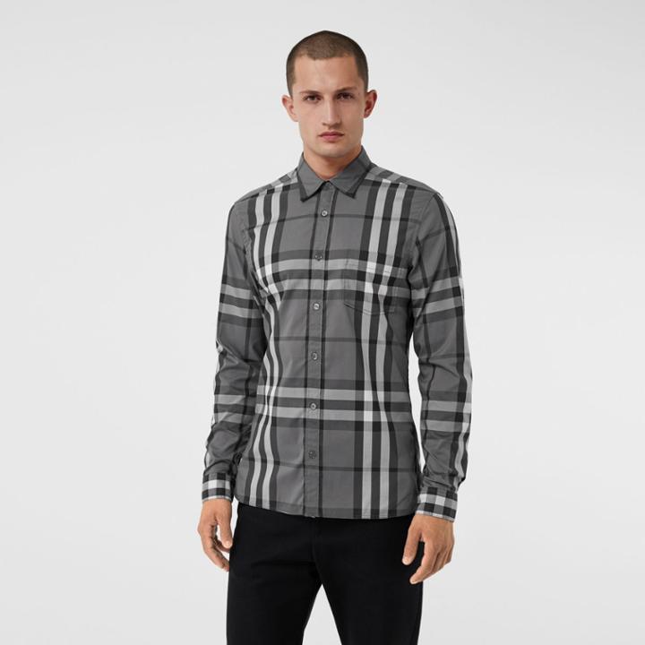 Burberry Burberry Check Stretch Cotton Shirt, Size: Xs, Grey