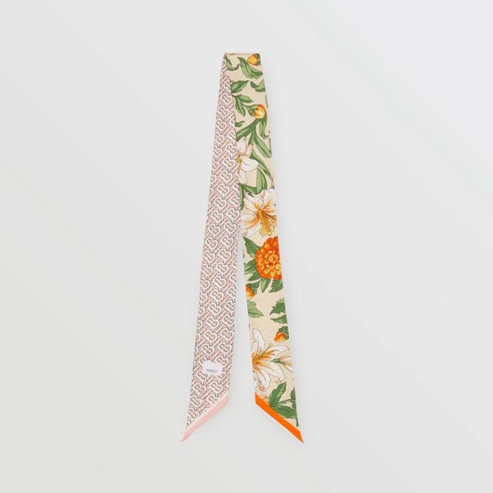 Burberry Burberry Floral And Monogram Print Silk Skinny Scarf, Beige