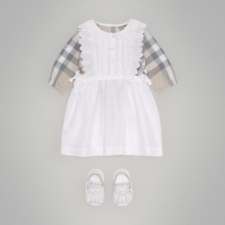 Burberry Burberry Scalloped Pliss Detail Cotton Shirt Dress, Size: 3m, White