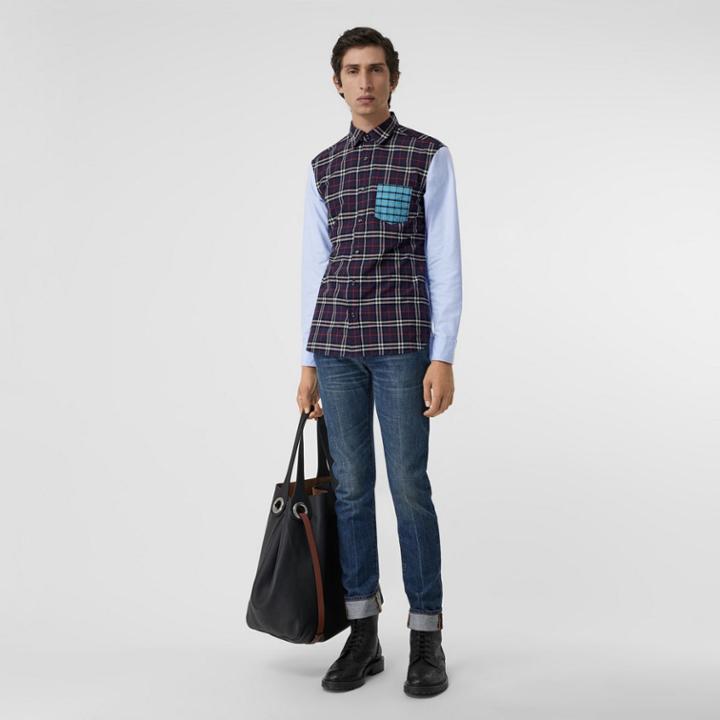 Burberry Burberry Contrast Check Panelled Cotton Shirt, Size: M, Blue