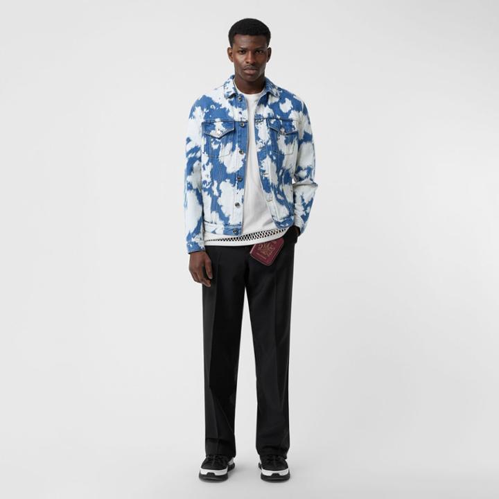 Burberry Burberry Monogram Leather Patch Bleached Denim Jacket, Size: 34, Blue