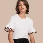 Burberry Burberry Stretch Cotton T-shirt With Check Trim Ruffles, White