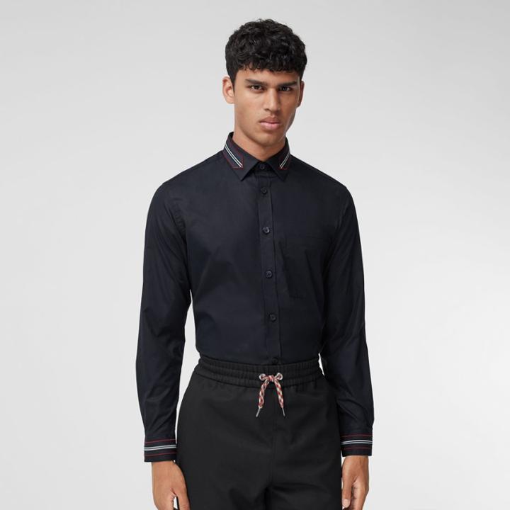 Burberry Burberry Slim Fit Icon Stripe Trim Cotton Poplin Shirt, Size: 39, Blue