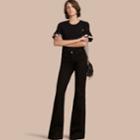 Burberry Burberry Stretch Cotton T-shirt With Check Trim Ruffles, Black