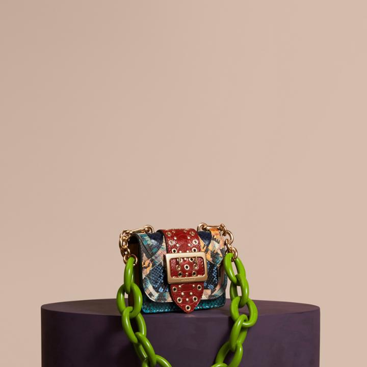Burberry Burberry The Mini Square Buckle Bag In Snakeskin, Ostrich And Floral Print, Blue