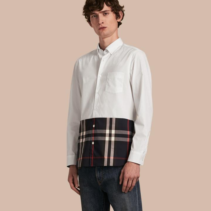 Burberry Burberry Check Panel Stretch-cotton Poplin Shirt, White