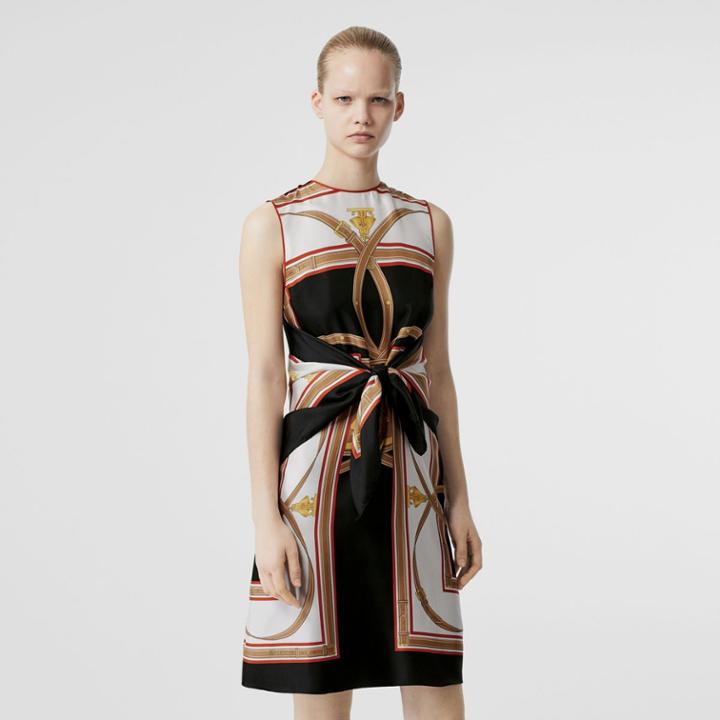 Burberry Burberry Archive Scarf Print Silk Dress With Detachable Scarf, Size: 14, Black