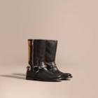 Burberry Burberry Buckle Detail Leather And Canvas Check Boots, Size: 36, Black