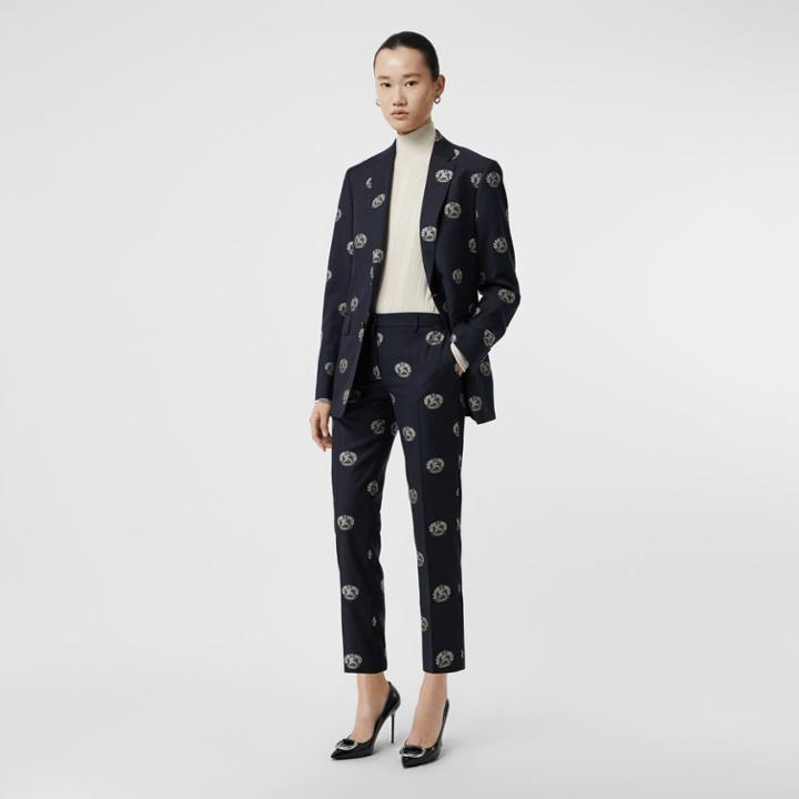 Burberry Burberry Crest Detail Wool Cropped Tailored Trousers, Size: 04, Blue