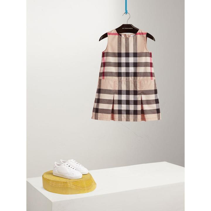 Burberry Burberry Pleated Check Washed Cotton A-line Dress, Size: 10y, Beige