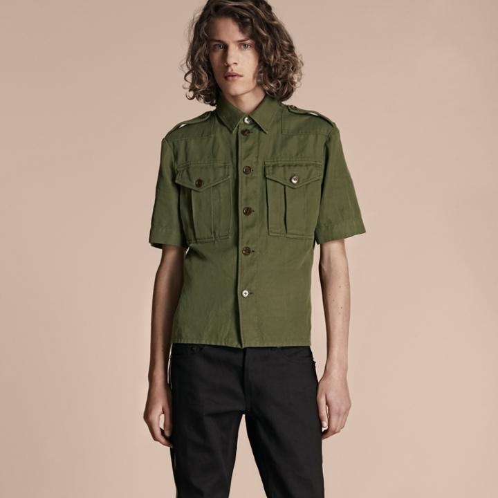 Burberry Burberry Short-sleeved Ramie Cotton Military Shirt, Size: 41, Green