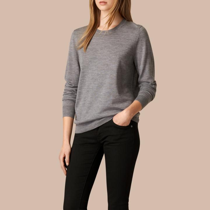 Burberry Burberry Check Detail Merino Crew Neck Sweater, Size: Xs, Grey