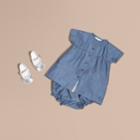Burberry Burberry Ruffle Detail Cotton Chambray Dress And Bloomers, Size: 6m, Blue