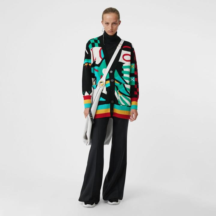 Burberry Burberry Graphic Intarsia Merino Wool Cotton Cardigan, Multicolour