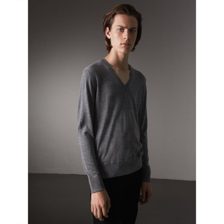 Burberry Burberry Merino Wool V-neck Sweater, Grey
