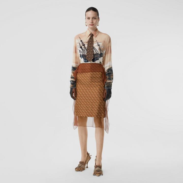 Burberry Burberry Scarf Detail Monogram Print Silk Pencil Skirt, Size: 04, Brown