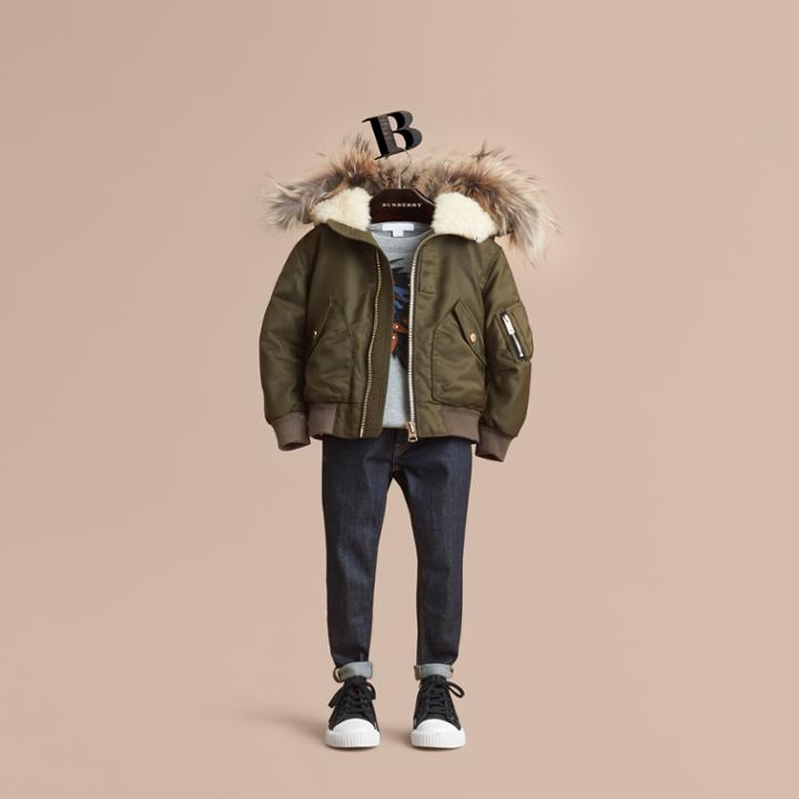 Burberry Burberry Detachable Raccoon Fur Trim Hood Bomber Jacket, Size: 6y, Green