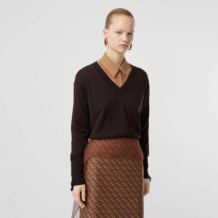 Burberry Burberry Logo Detail Merino Wool Silk Sweater, Size: Xs, Brown