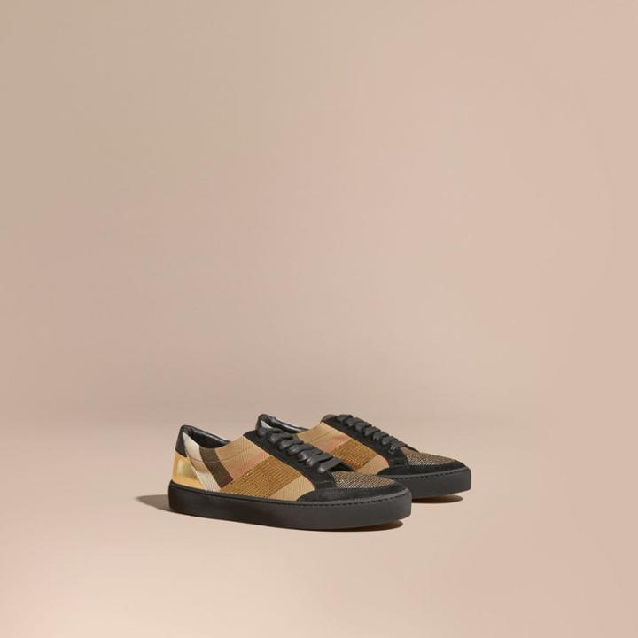 Burberry Burberry House Check, Sequin And Leather Sneakers, Size: 35, Yellow