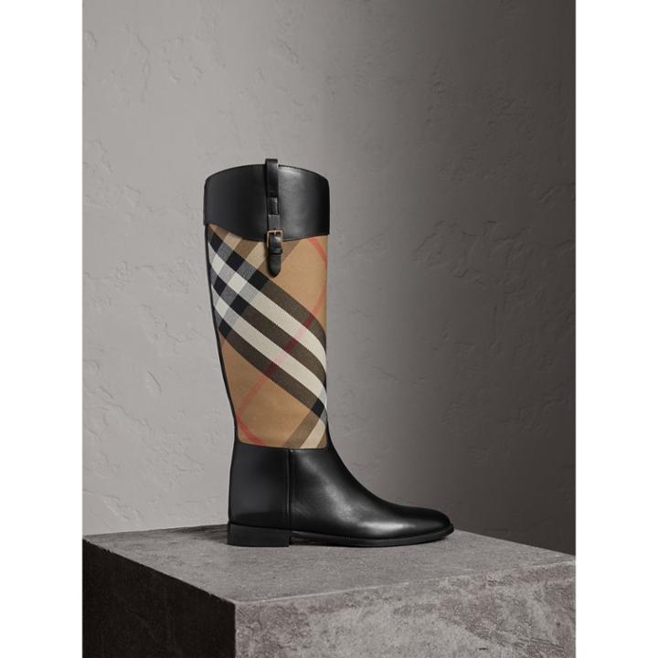 Burberry Burberry House Check And Leather Riding Boots, Size: 35, Black