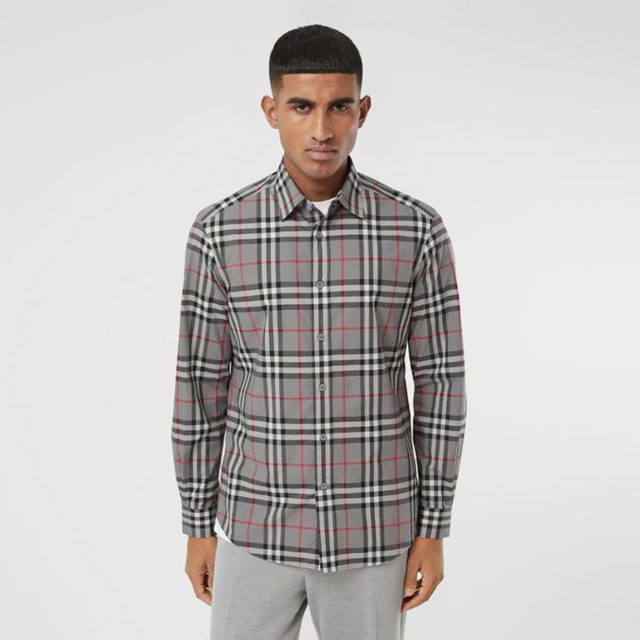 Burberry Burberry Check Cotton Poplin Shirt, Size: M, Grey