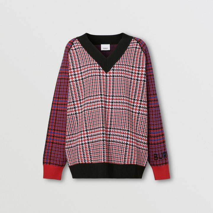 Burberry Burberry Houndstooth Check Technical Merino Wool Sweater, Red