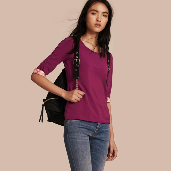 Burberry Burberry Check Cuff Stretch-cotton Top, Size: M, Purple