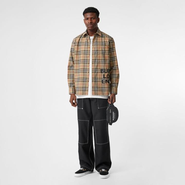 Burberry Burberry Logo Print Check Cotton Oversized Shirt, Beige