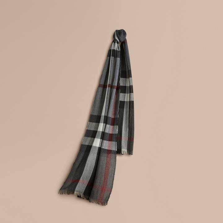 Burberry Burberry Lightweight Check Wool Cashmere Scarf, Grey