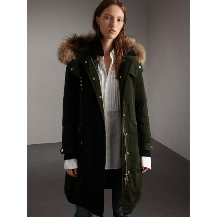 Burberry Burberry Down-filled Parka Coat With Detachable Fur Trim, Size: 10, Green
