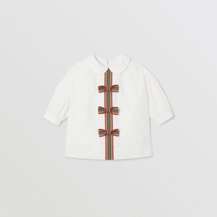 Burberry Burberry Childrens Icon Stripe Trim Stretch Cotton Poplin Dress, Size: 12m, White