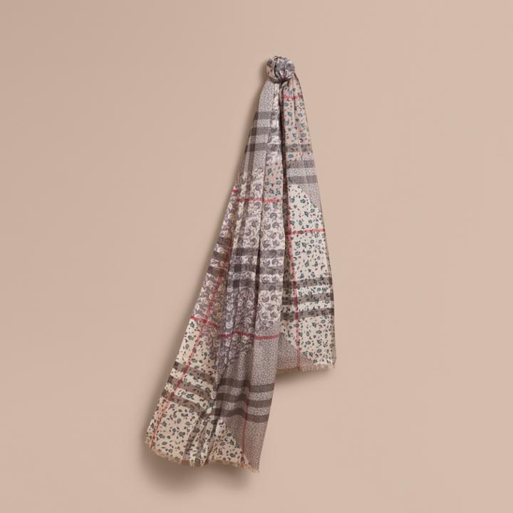 Burberry Burberry Patchwork Floral Check Wool Silk Scarf, Blue