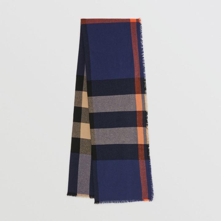 Burberry Burberry Fringed Check Wool Cashmere Scarf, Blue