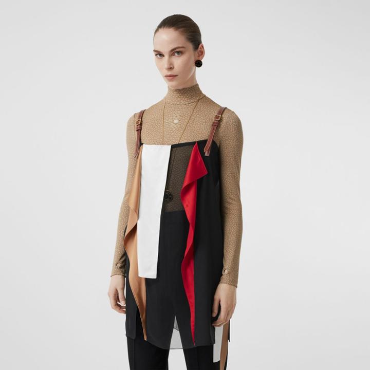 Burberry Burberry Leather Detail Colour Block Silk Top, Size: 10, Black